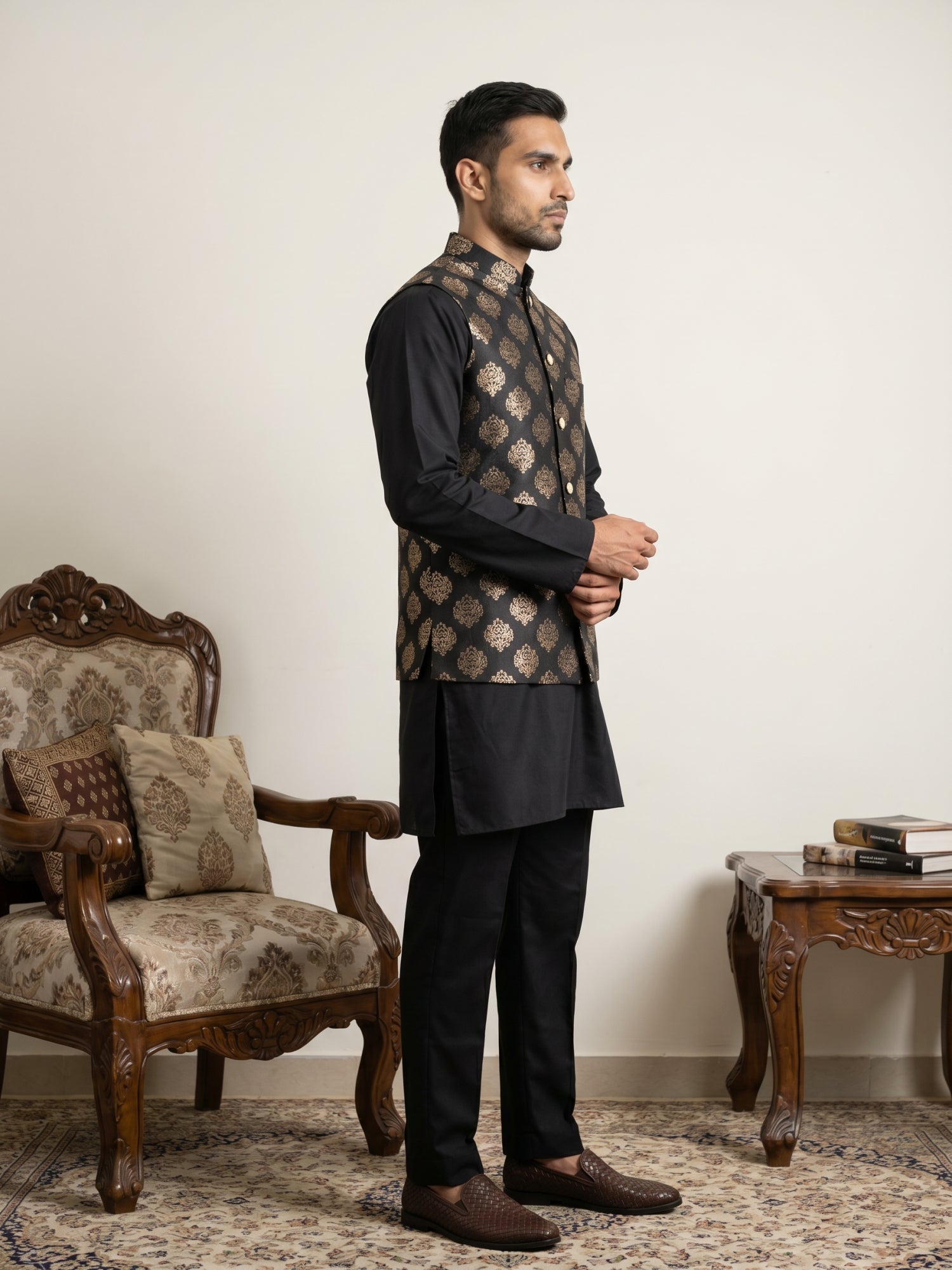 DesiQlo Men Printed Nehru Jacket and Kurta Pyjama Set - - JOKPWC_5586B