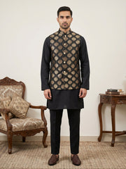 Printed Silk Blend Kurta Pyjama & Nehru Jacket Set ( JOKPWC 5586B 4032Black )