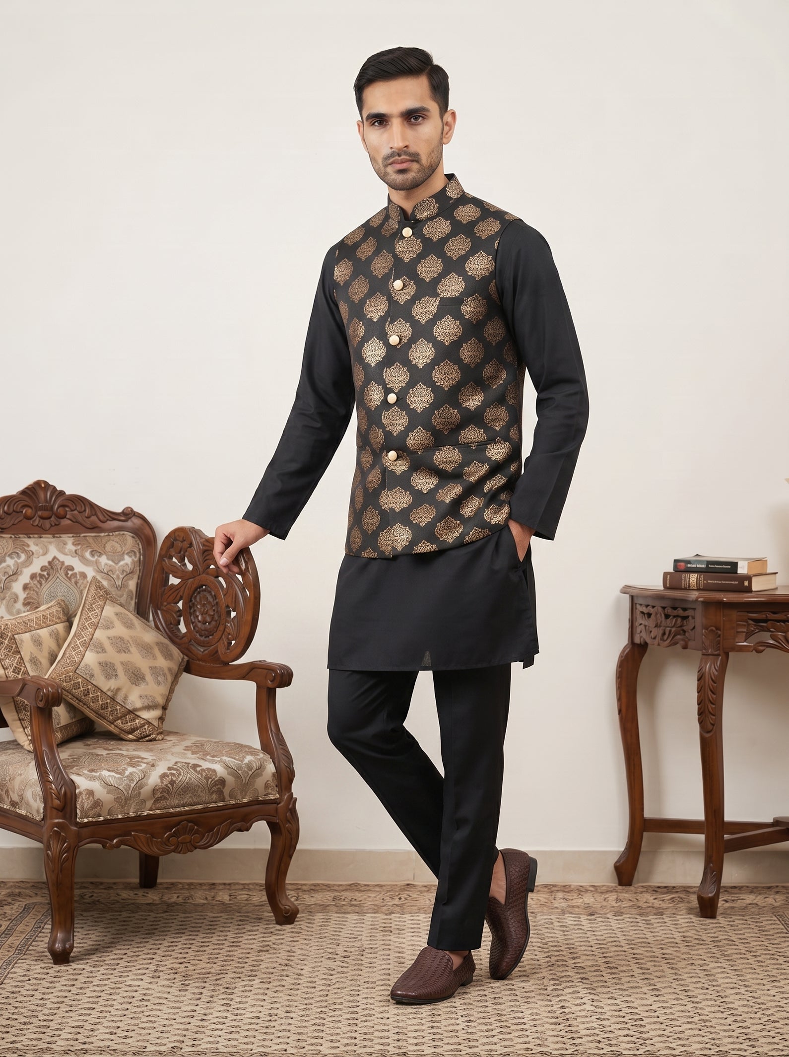 DesiQlo Men Printed Nehru Jacket and Kurta Pyjama Set - - JOKPWC_5586B