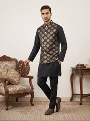 Printed Silk Blend Kurta Pyjama & Nehru Jacket Set ( JOKPWC 5586B 4032Black )