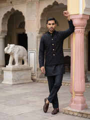 Men Embroidered Velvet Nehru Jacket Kurta Pyjama Set ( JOKPWC 5586B 4099Black )