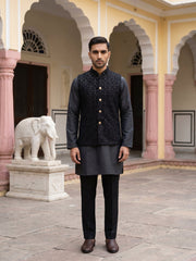 Men Embroidered Velvet Nehru Jacket Kurta Pyjama Set ( JOKPWC 5586B 4099Black )