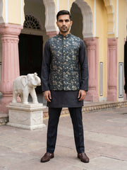 Men's Embossed Designer Nehru Jacket Kurta Pyjama Set ( JOKPWC 5586B 4102Teal )