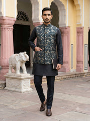 Men's Embossed Designer Nehru Jacket Kurta Pyjama Set ( JOKPWC 5586B 4102Teal )