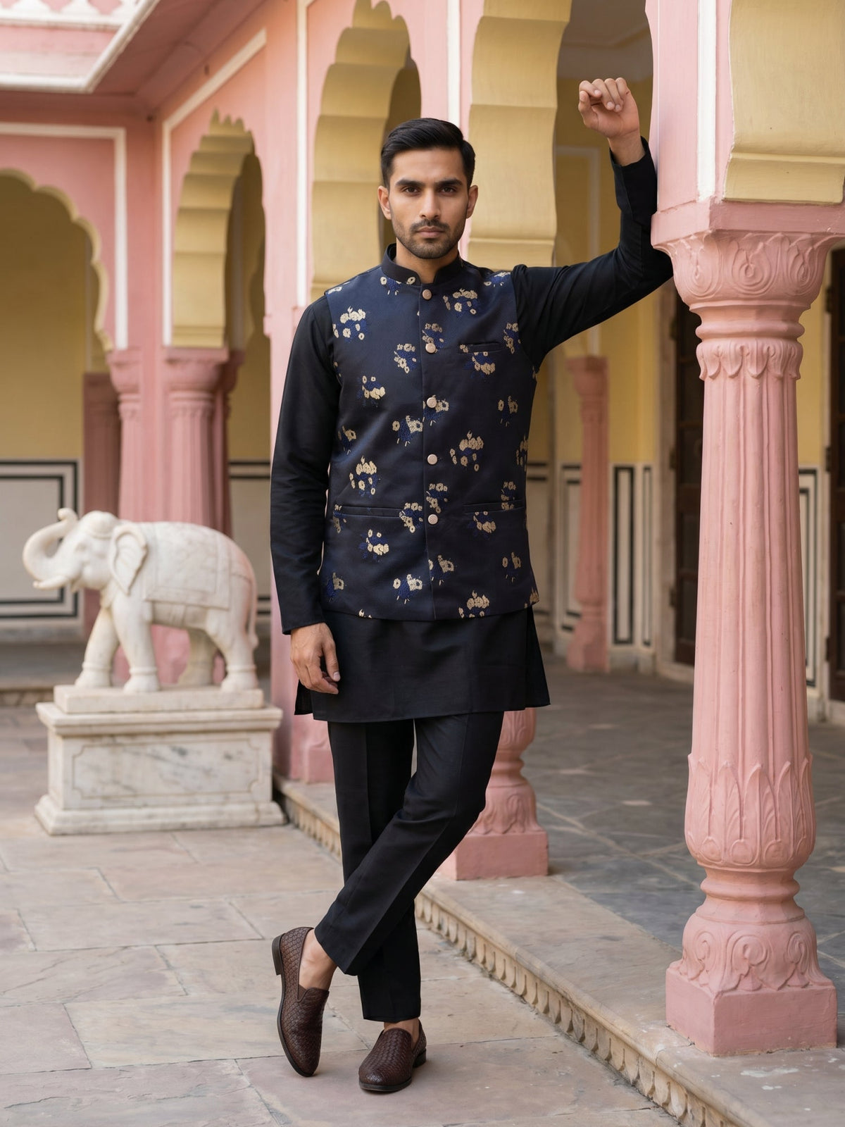 Embossed Nehru Jacket With Solid Kurta Pyjama. ( JOKPWC 5586B 4130Black )