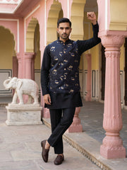 Embossed Nehru Jacket With Solid Kurta Pyjama. ( JOKPWC 5586B 4130Black )