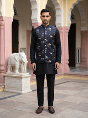 Embossed Nehru Jacket With Solid Kurta Pyjama. ( JOKPWC 5586B 4130Black )