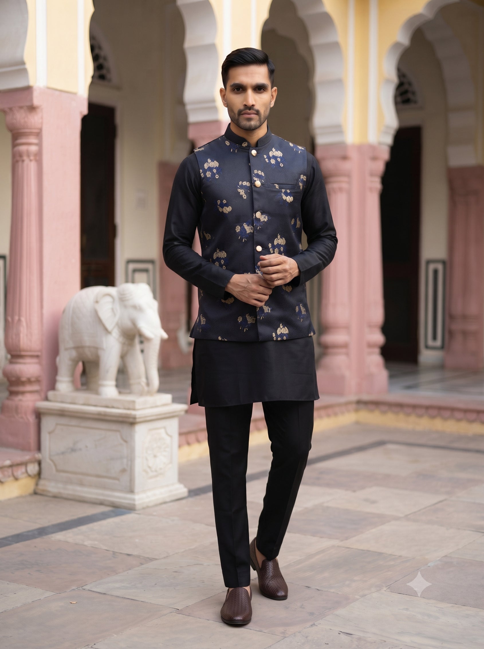 DesiQlo Men Self Design Nehru Jacket and Kurta Pyjama Set - Black