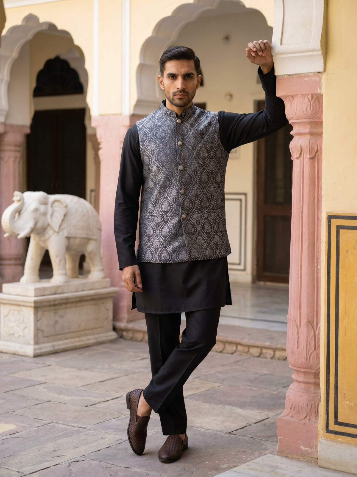 Premium Woven Design Nehru Jacket with Kurta Pyjama ( JOKPWC 5586B 4131Black )