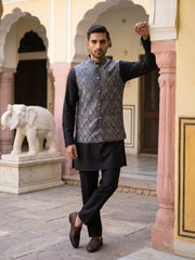 Premium Woven Design Nehru Jacket with Kurta Pyjama ( JOKPWC 5586B 4131Black )