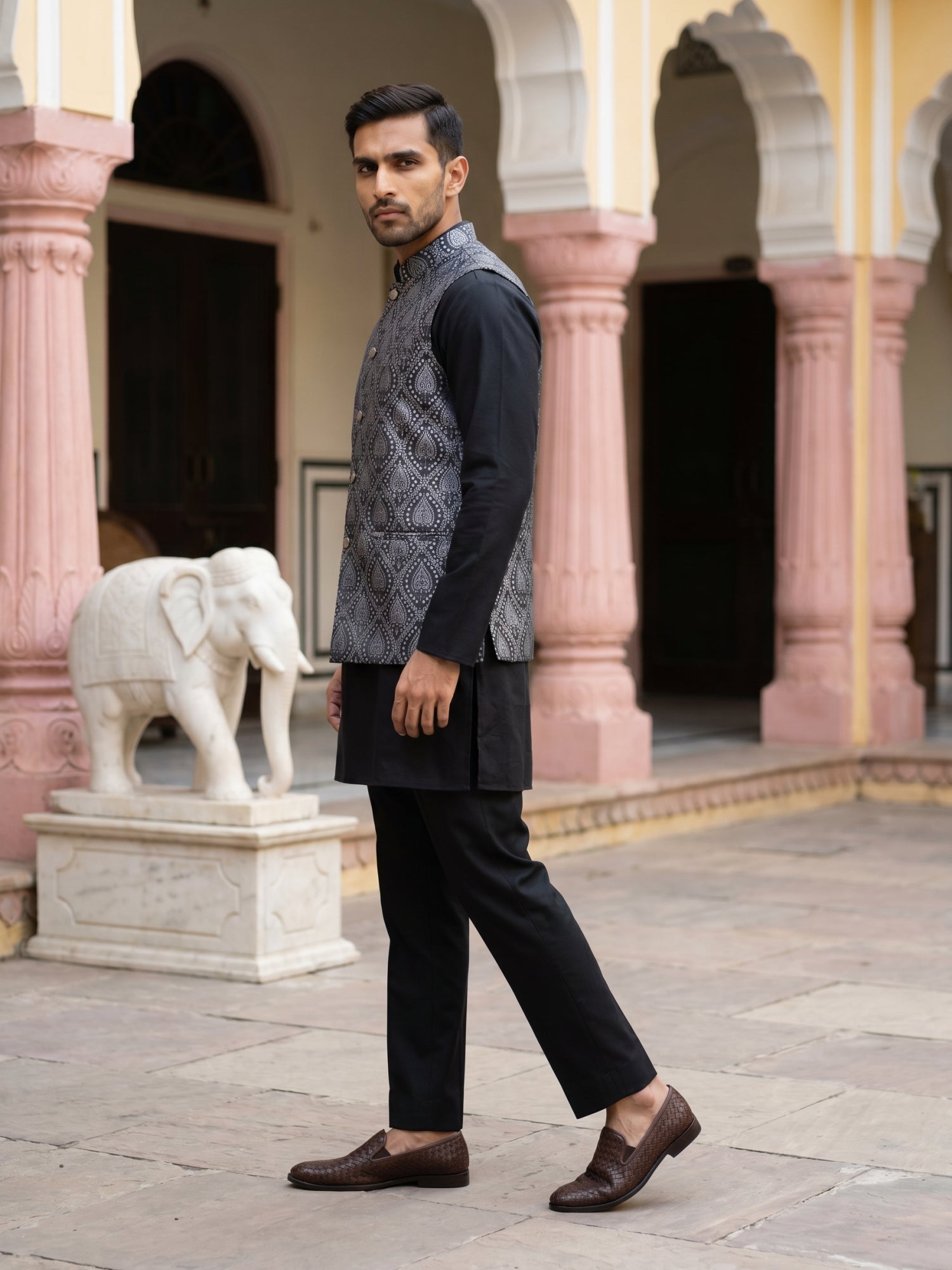 DesiQlo Men Self Design Nehru Jacket and Kurta Pyjama S - JOKPWC_5586B