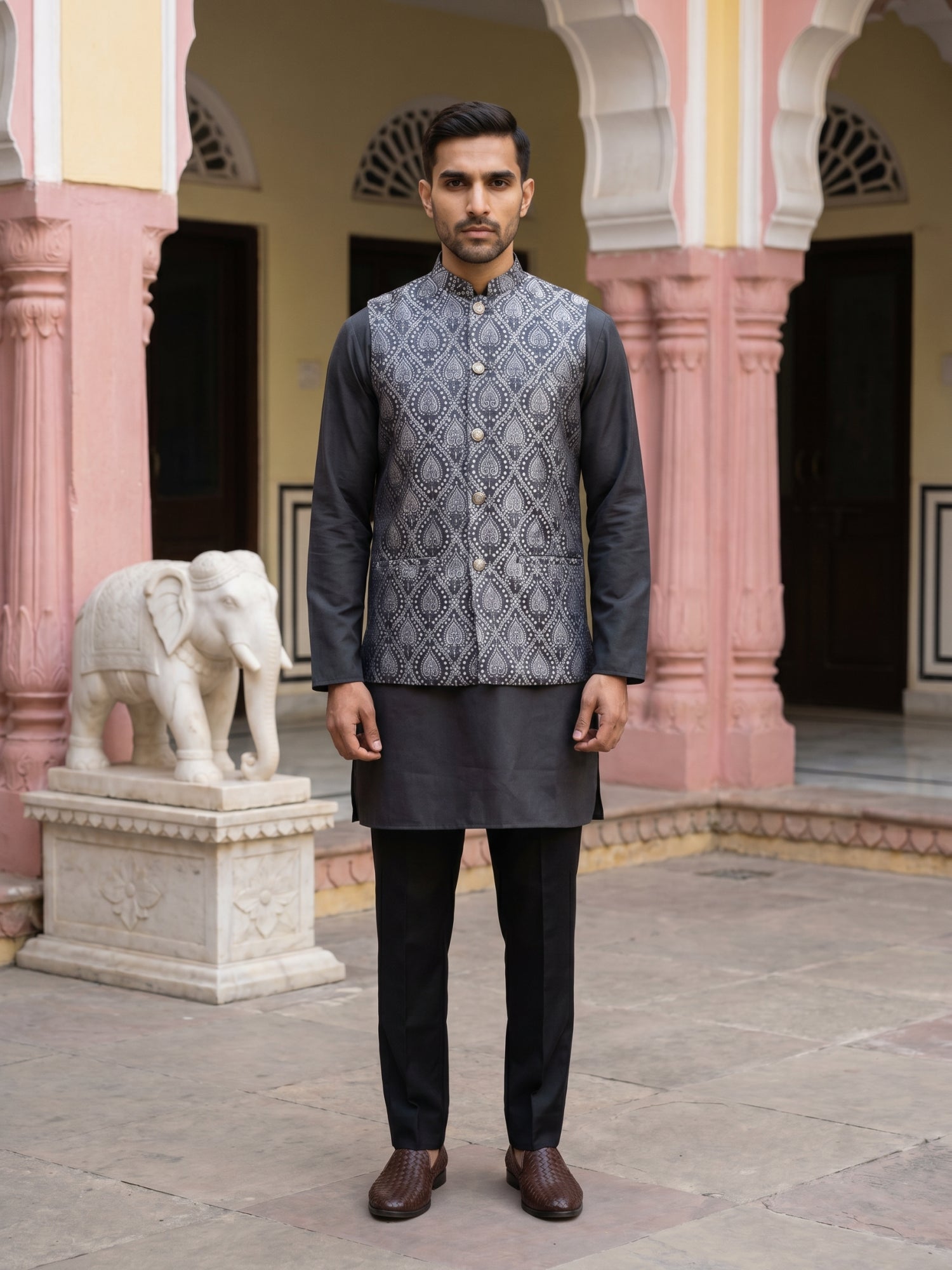 DesiQlo Men Self Design Nehru Jacket and Kurta Pyjama S - JOKPWC_5586B