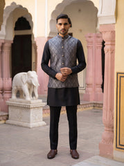 Premium Woven Design Nehru Jacket with Kurta Pyjama ( JOKPWC 5586B 4131Black )