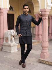 Men Ethnic Embossed Nehru Jacket Kurta Pyjama Set ( JOKPWC 5586B 4133Grey )