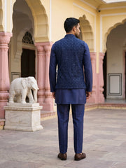 Men Embroidered Velvet Nehru Jacket Kurta Pyjama Set ( JOKPWC 5586N 4099Navy )