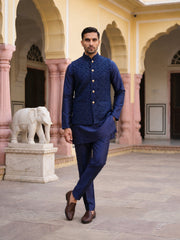 Men Embroidered Velvet Nehru Jacket Kurta Pyjama Set ( JOKPWC 5586N 4099Navy )