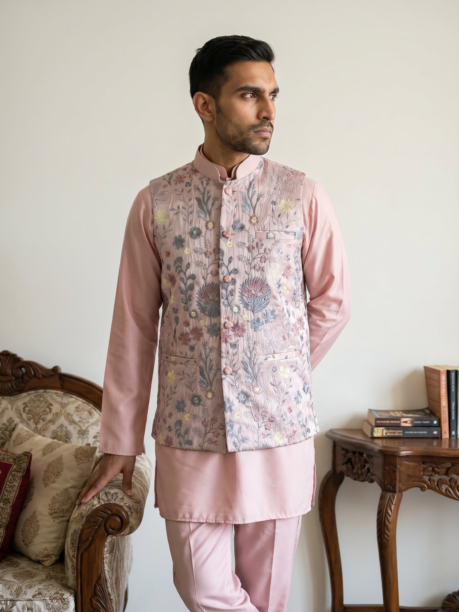 DesiQlo Men Embroidered Nehru Jacket and Kurta Pyjama S - JOKPWC_5586P