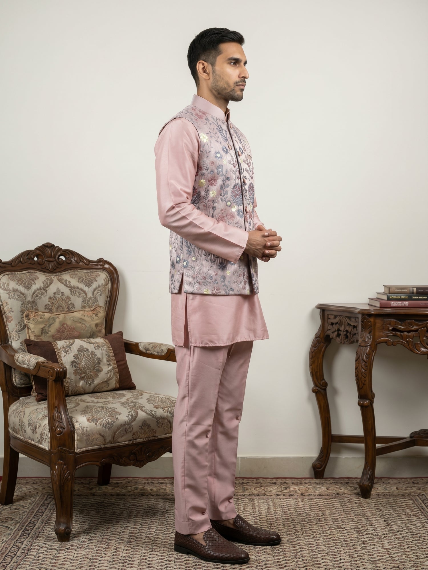 DesiQlo Men Embroidered Nehru Jacket and Kurta Pyjama S - JOKPWC_5586P