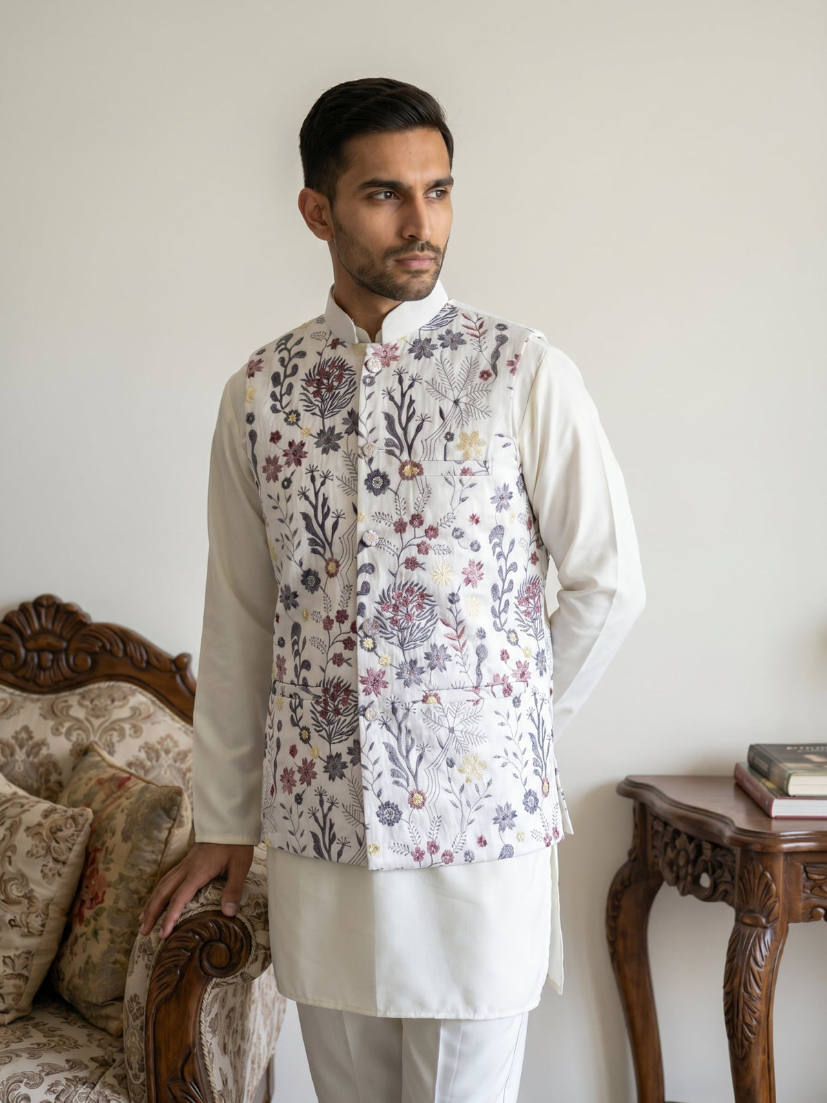 Embroidered Nehru Jacket with Kurta Pyjama Set ( JOKPWC 5586W 4136White )