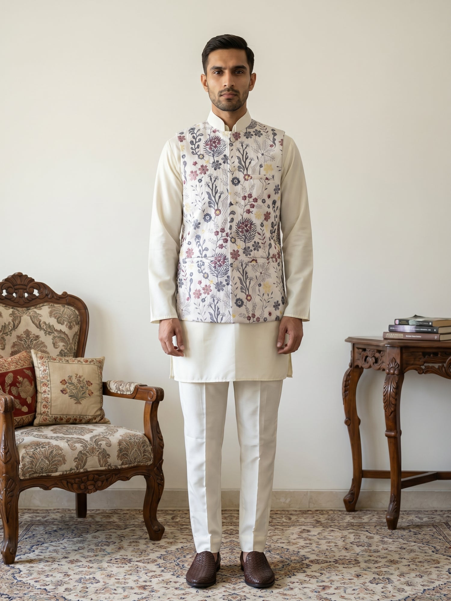 DesiQlo Men Embroidered Nehru Jacket and Kurta Pyjama S - JOKPWC_5586W
