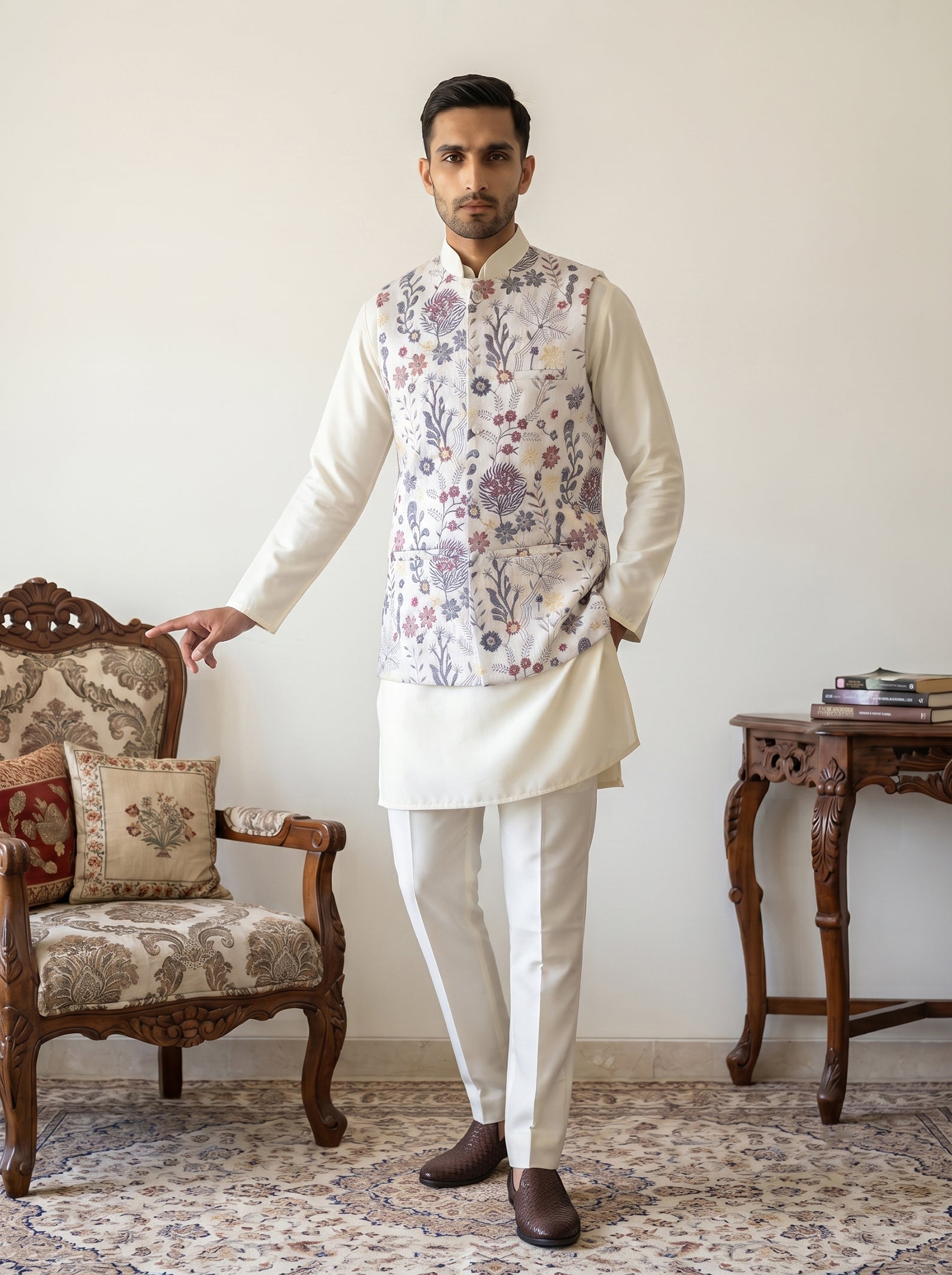 DesiQlo Men Embroidered Nehru Jacket and Kurta Pyjama S - JOKPWC_5586W