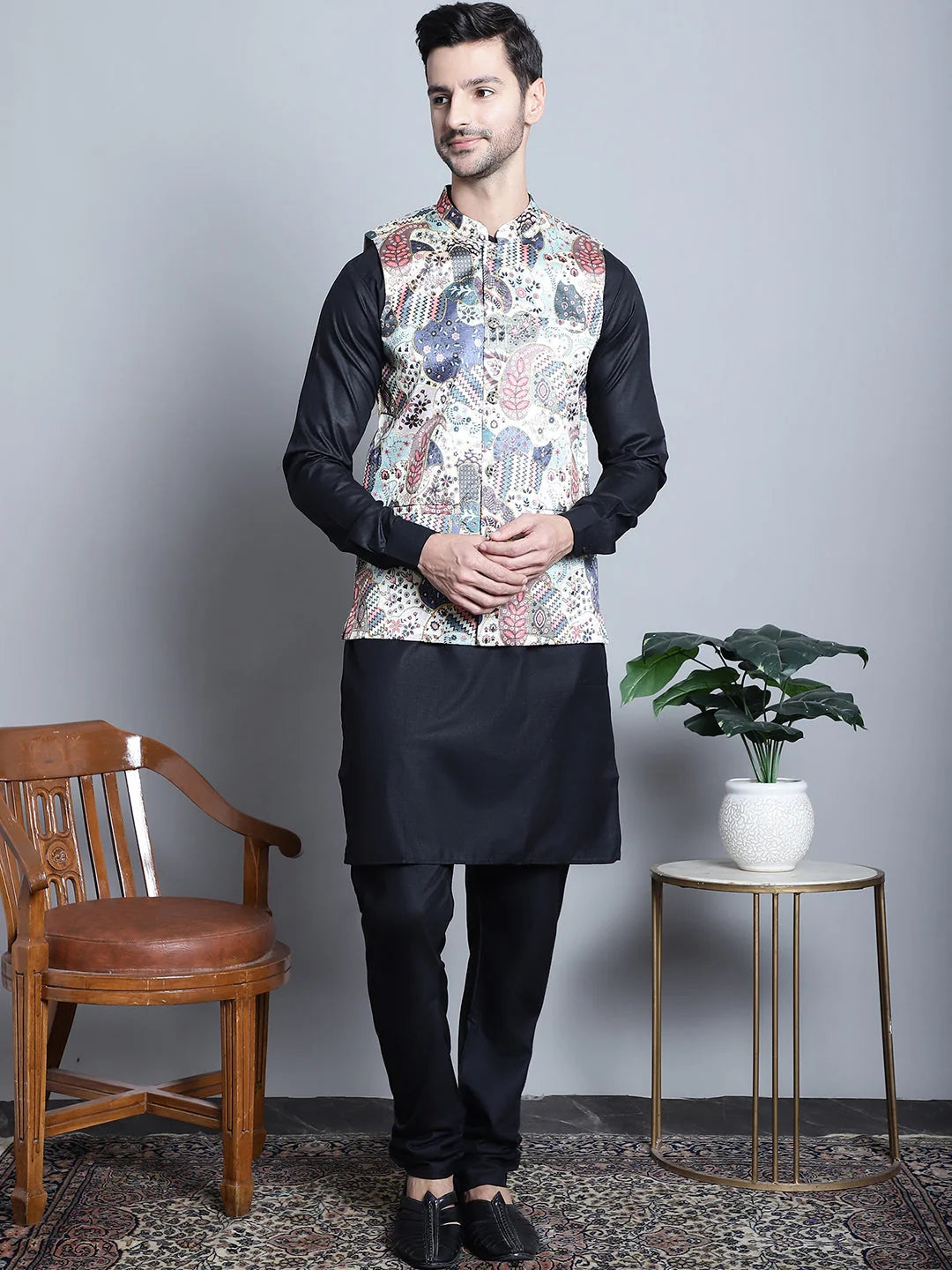 Mens Kurta Pajama with Nehru Jacket: Digital Print, Zari Work