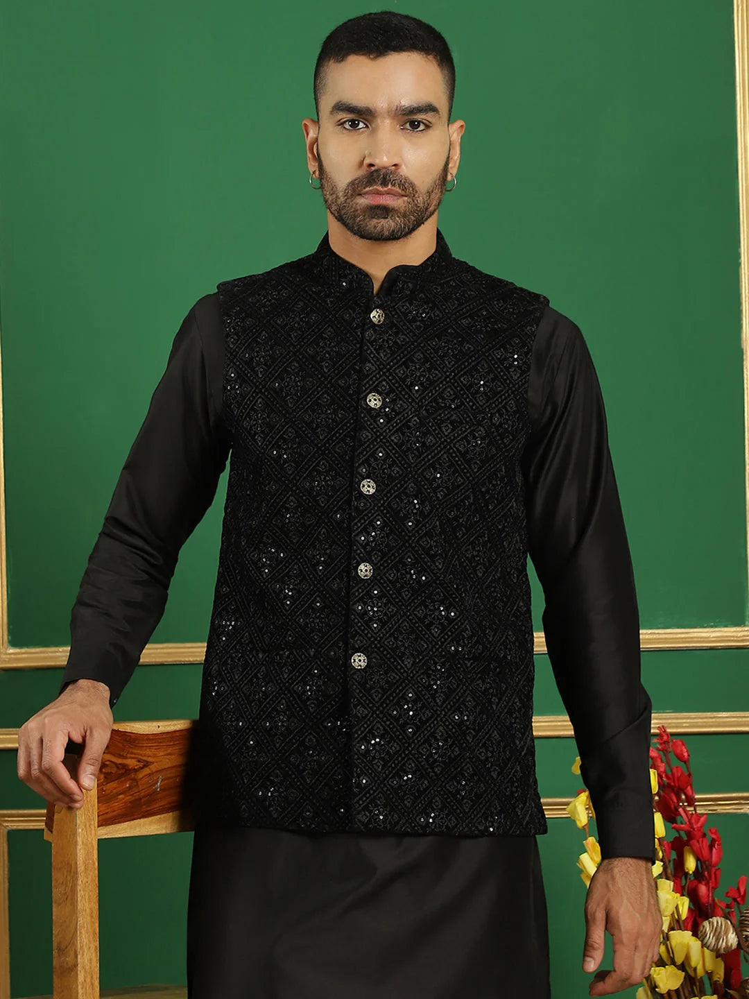 Men's Sequins Velvet Nehru Jacket-JOWC-4099Black