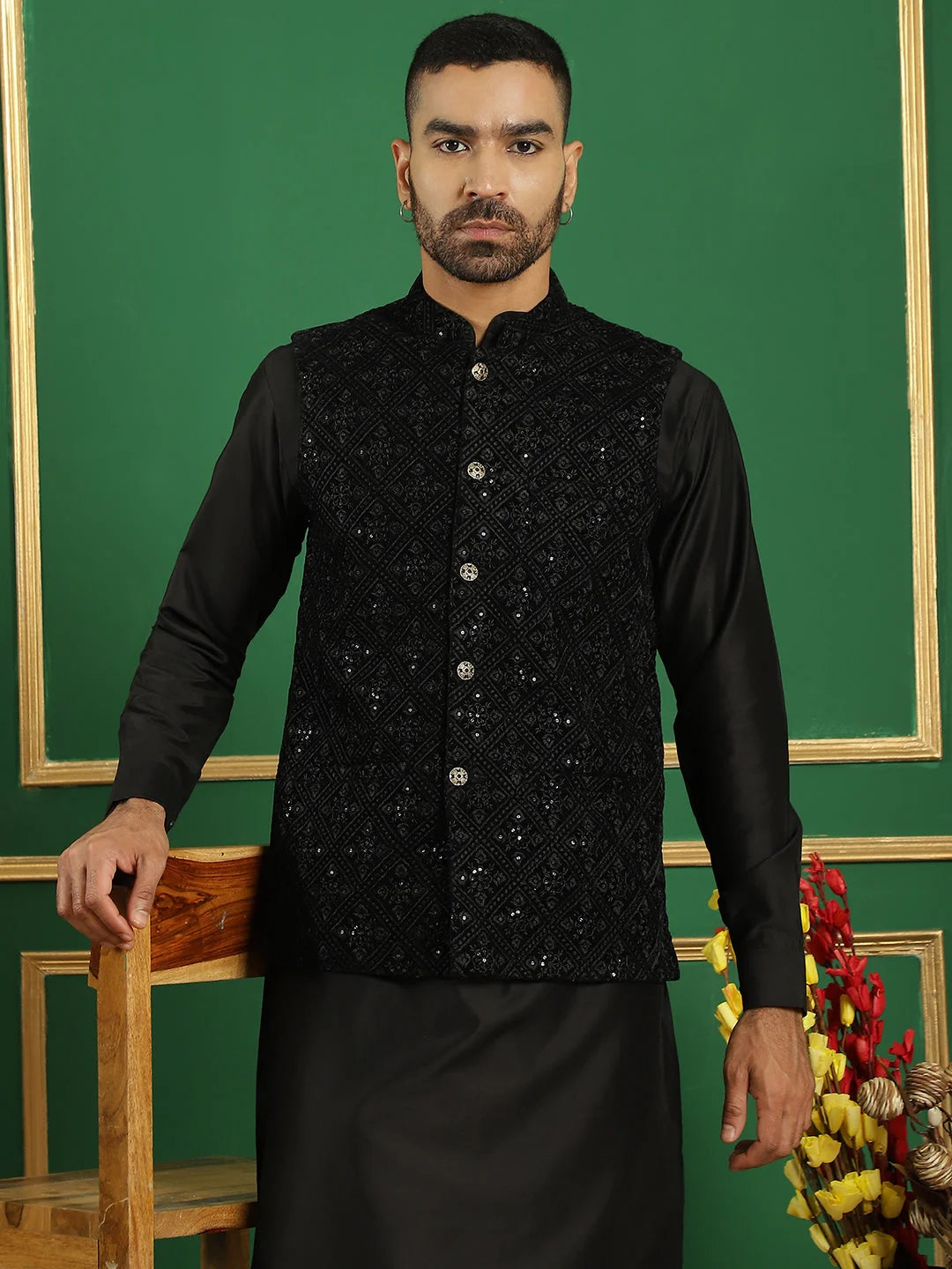 Men's Velvet Nehru Jacket With Solid Kurta Pyjama-JOKPWC-592B