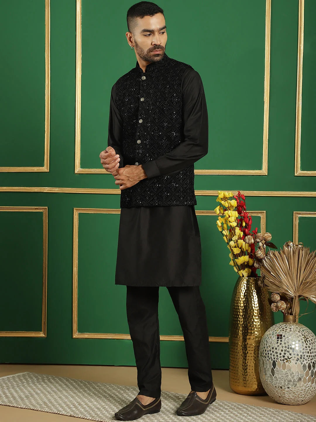 Black Velvet Nehru Jacket Mens Kurta Pajama Set | Pathani Style
