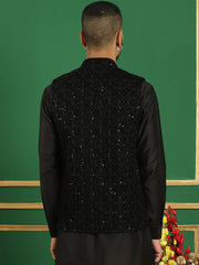 Men's Sequins Velvet Nehru Jacket-JOWC-4099Black