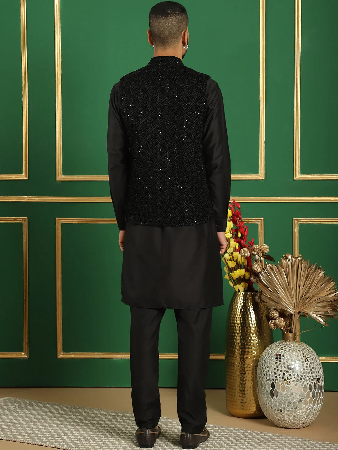 Black Velvet Nehru Jacket Mens Kurta Pajama Set | Pathani Style