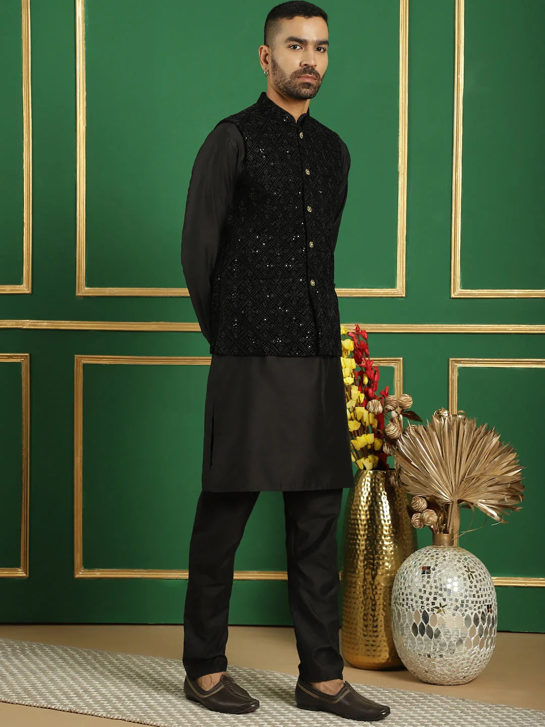 Black Velvet Nehru Jacket Mens Kurta Pajama Set | Pathani Style