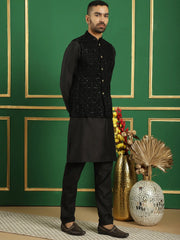 Men's Velvet Nehru Jacket With Solid Kurta Pyjama-JOKPWC-592B