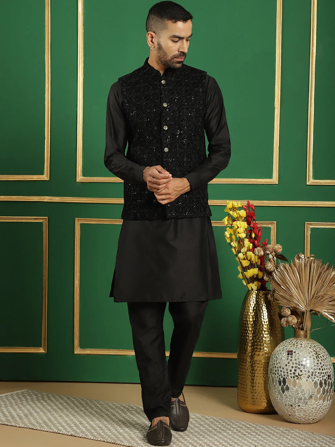 Black Velvet Nehru Jacket: Stylish Men's Ethnic Wear Jacket