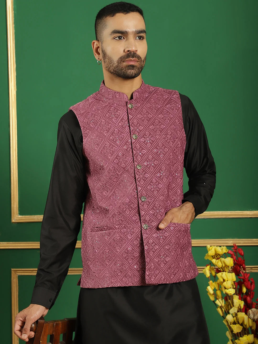 Magenta Velvet Nehru Jacket Mens Kurta Pajama Set | Festive