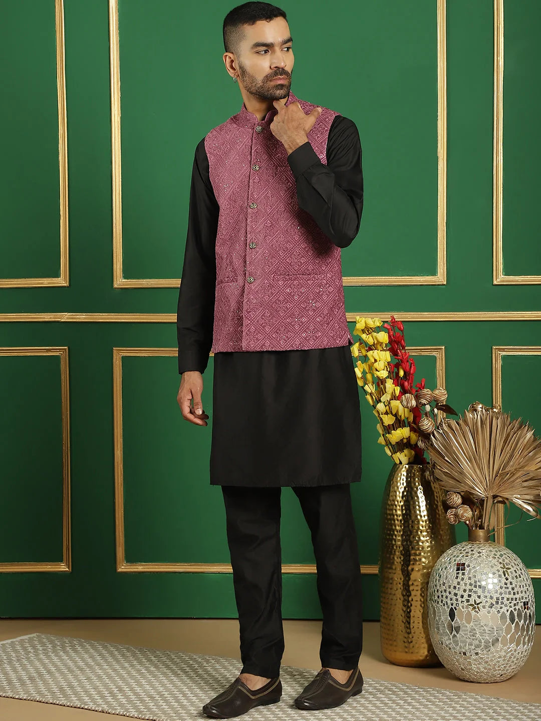 Magenta Velvet Nehru Jacket Mens Kurta Pajama Set | Festive
