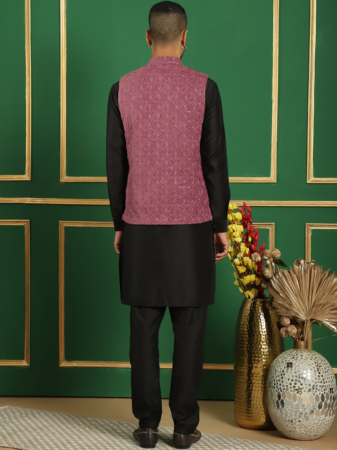Magenta Velvet Nehru Jacket Mens Kurta Pajama Set | Festive