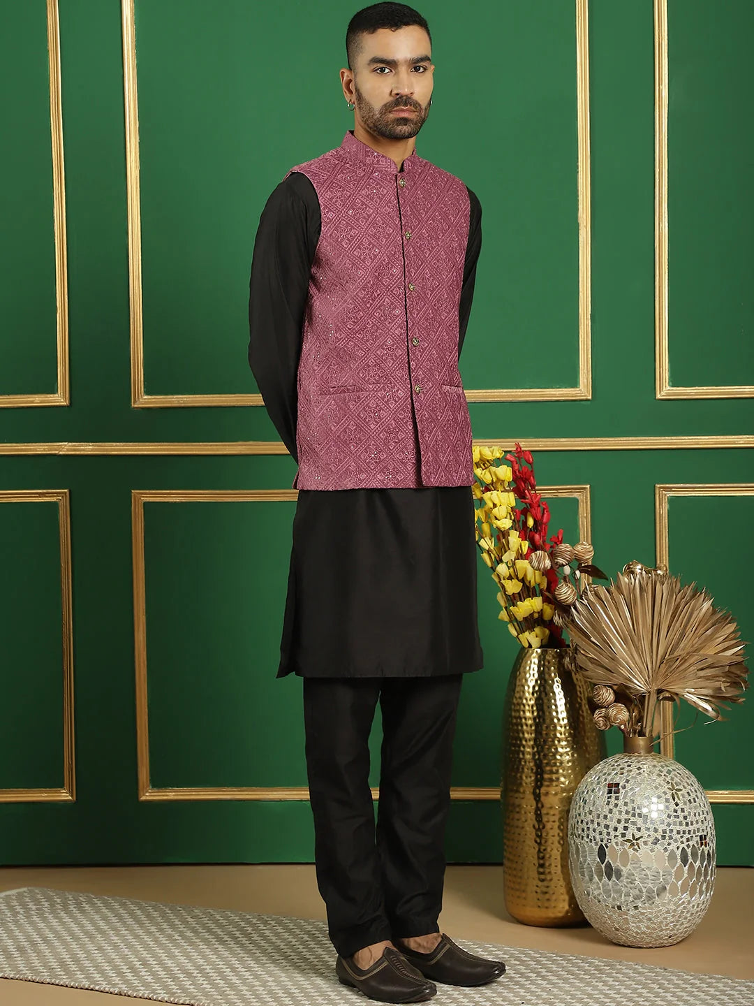 Magenta Velvet Nehru Jacket Mens Kurta Pajama Set | Festive