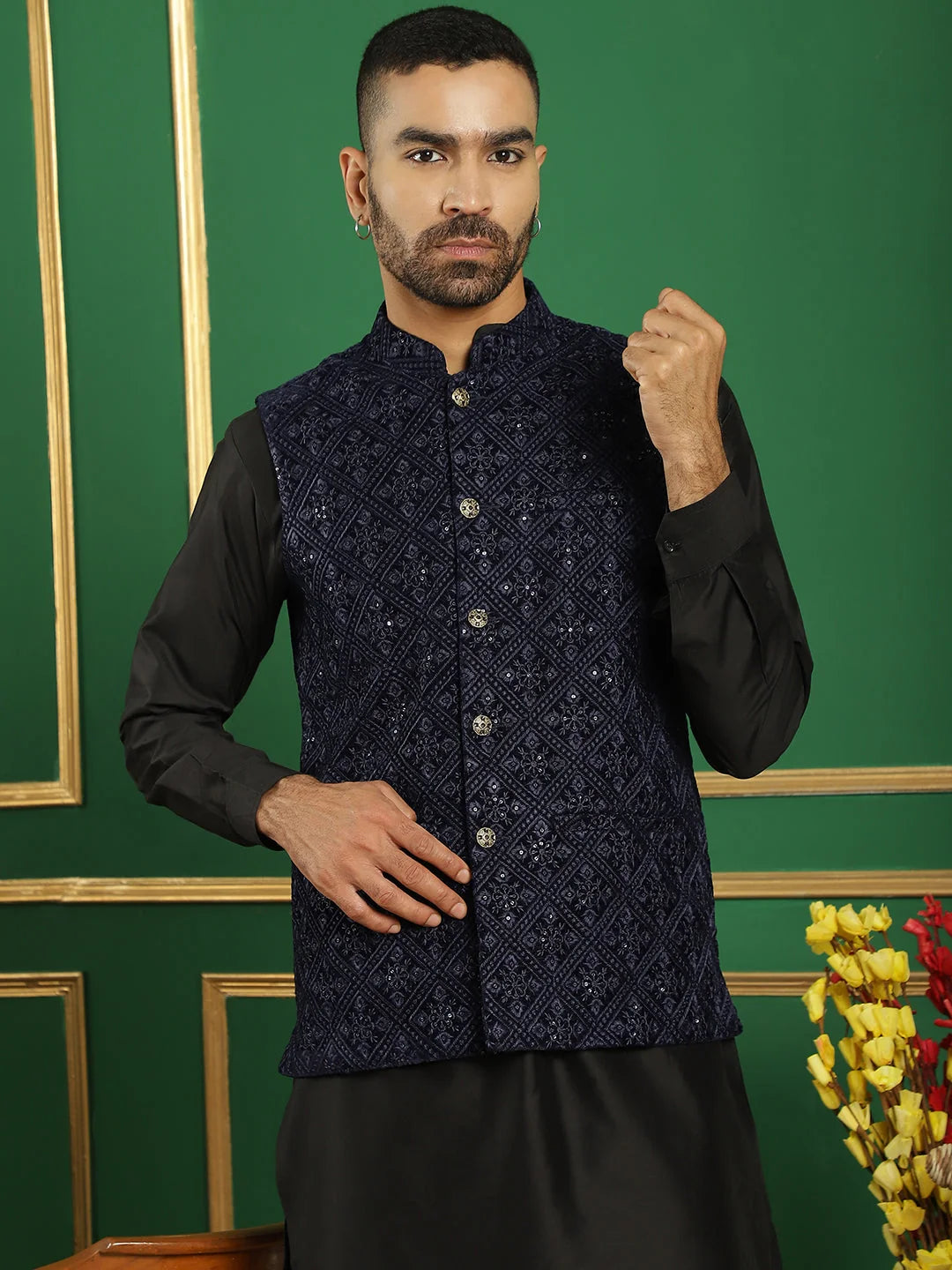 Men's Velvet Nehru Jacket Solid Kurta Pyjama-JOKPWC-592B