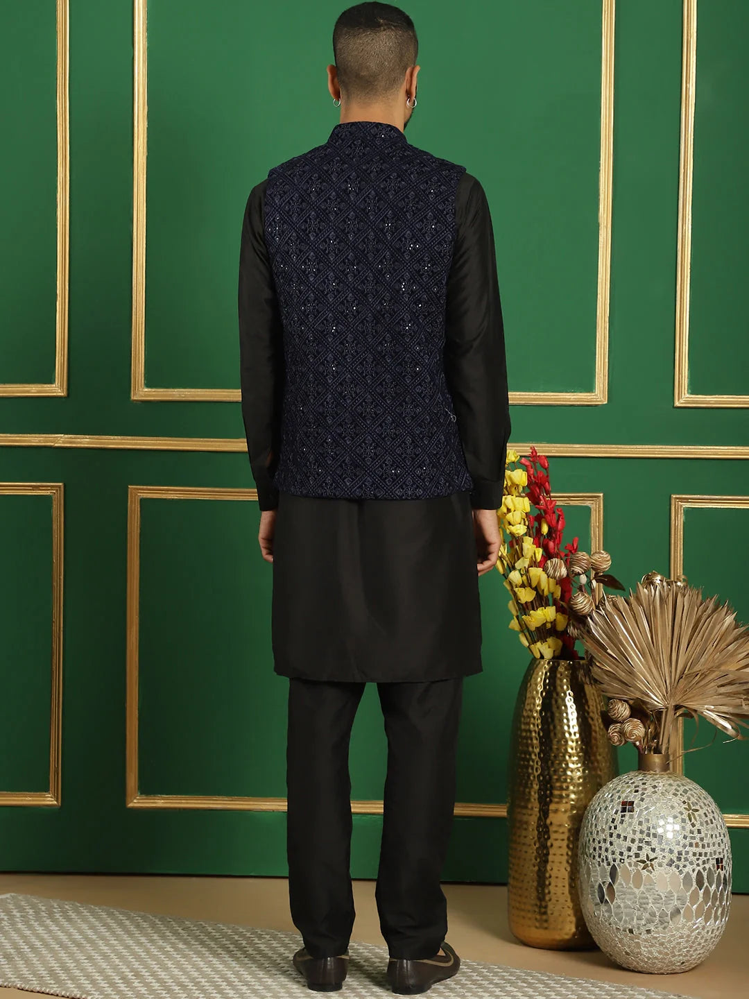 Navy Velvet Nehru Jacket Mens Kurta Pajama Set | Ethnic Wear