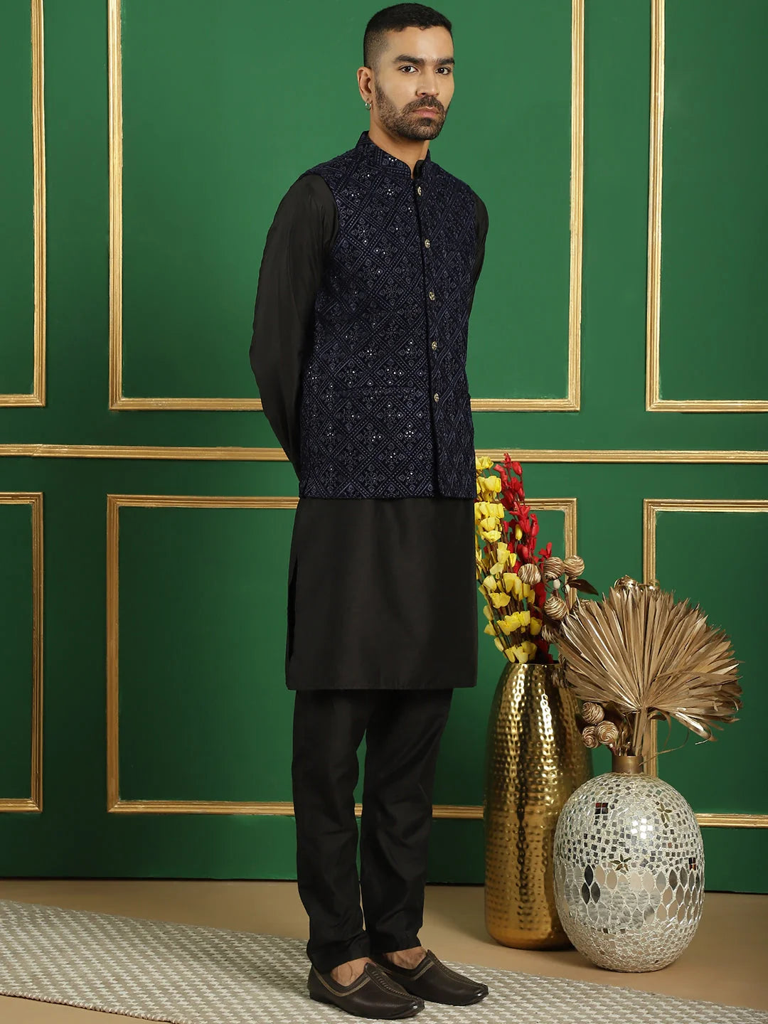 Navy Velvet Nehru Jacket Mens Kurta Pajama Set | Ethnic Wear