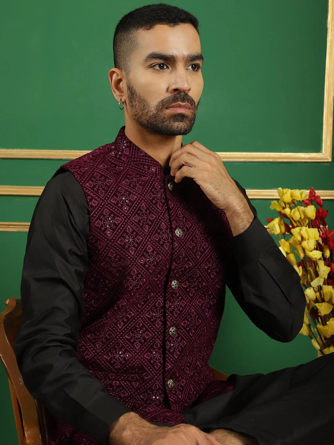 Nehru Jacket with Mens Kurta Pajama Set - Embroidered Purple