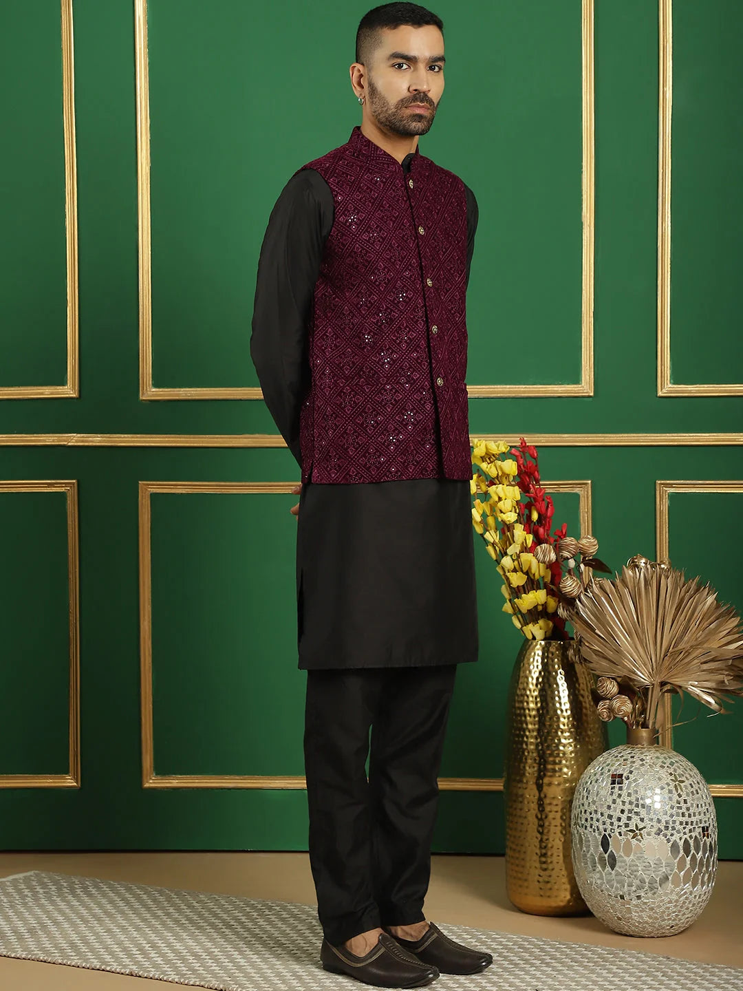 Nehru Jacket with Mens Kurta Pajama Set - Embroidered Purple