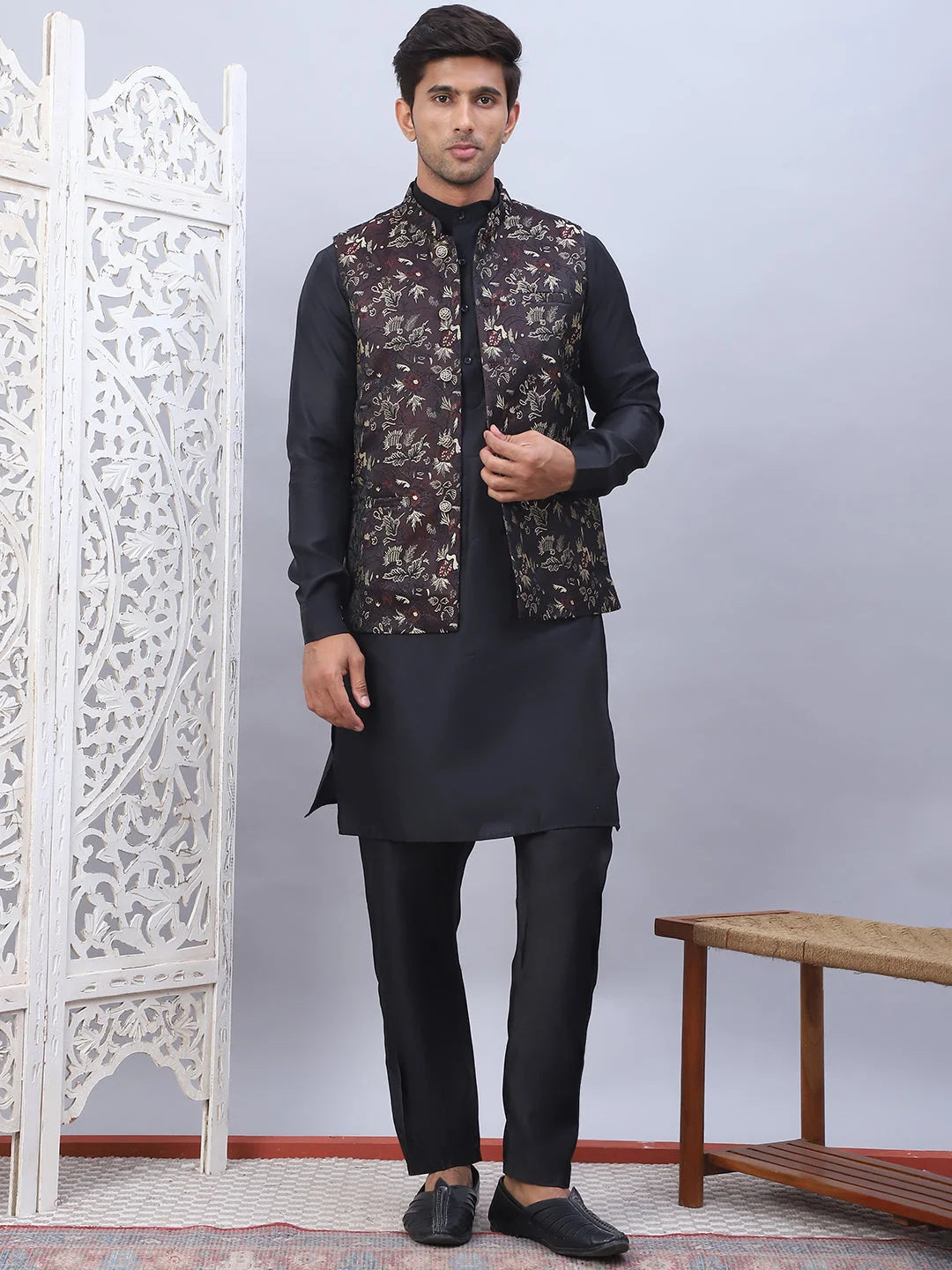 Maroon Embossed Nehru Jacket with Kurta Pajama Set | Ethnic Wear