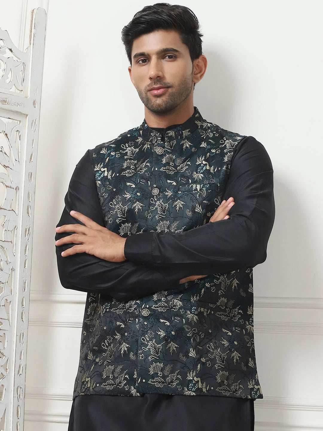 Teal Embossed Nehru Jacket Kurta Pajama Set | Mens Pathani