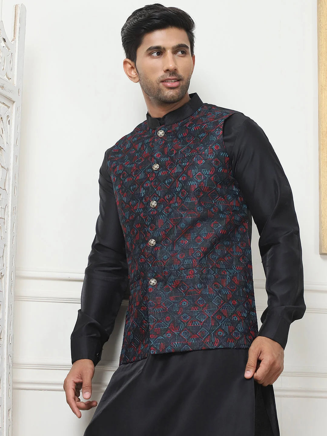 Navy Embroidered Nehru Jacket Kurta Pajama Set | Pathani Suit
