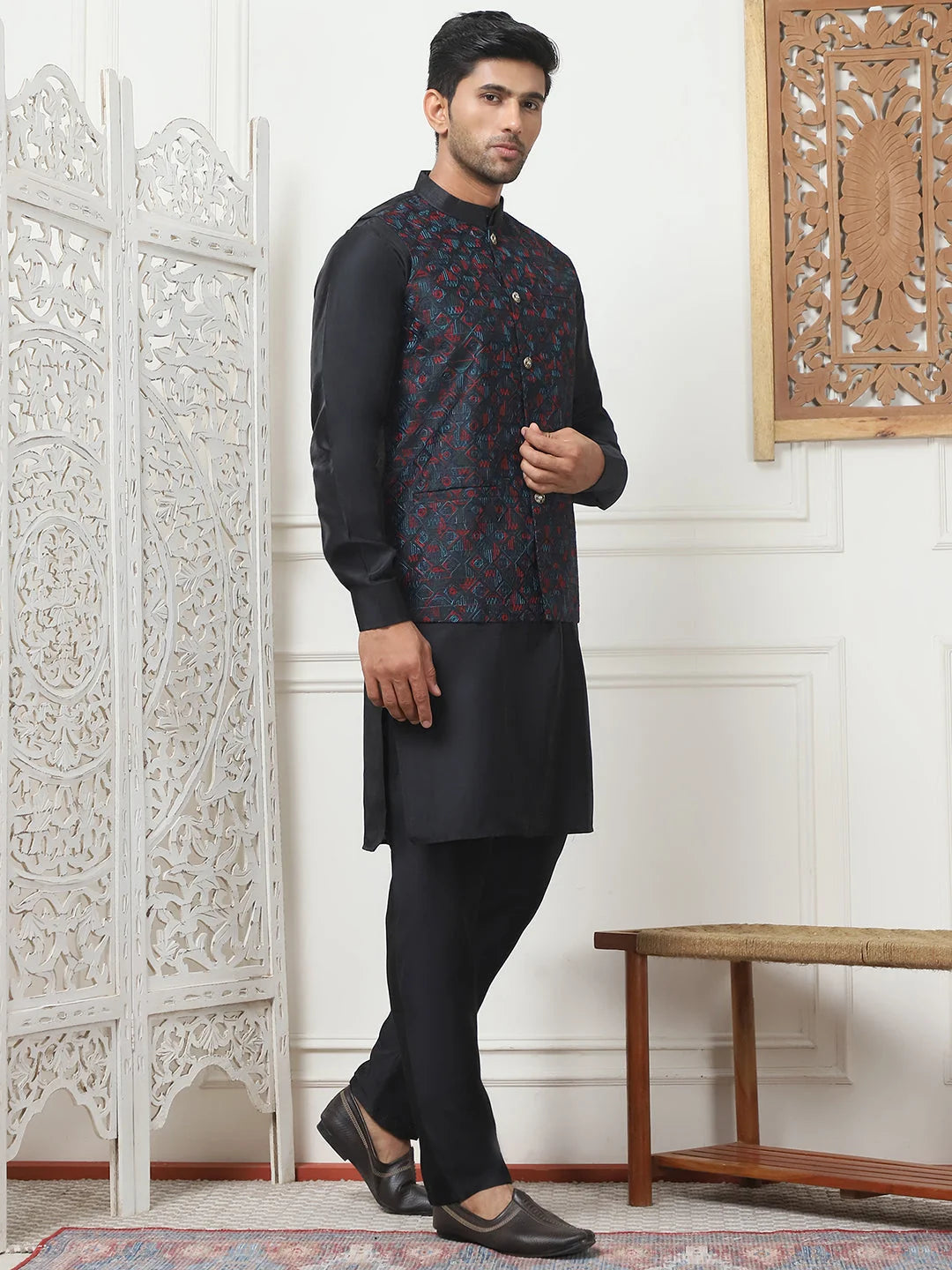 Navy Embroidered Nehru Jacket Kurta Pajama Set | Pathani Suit