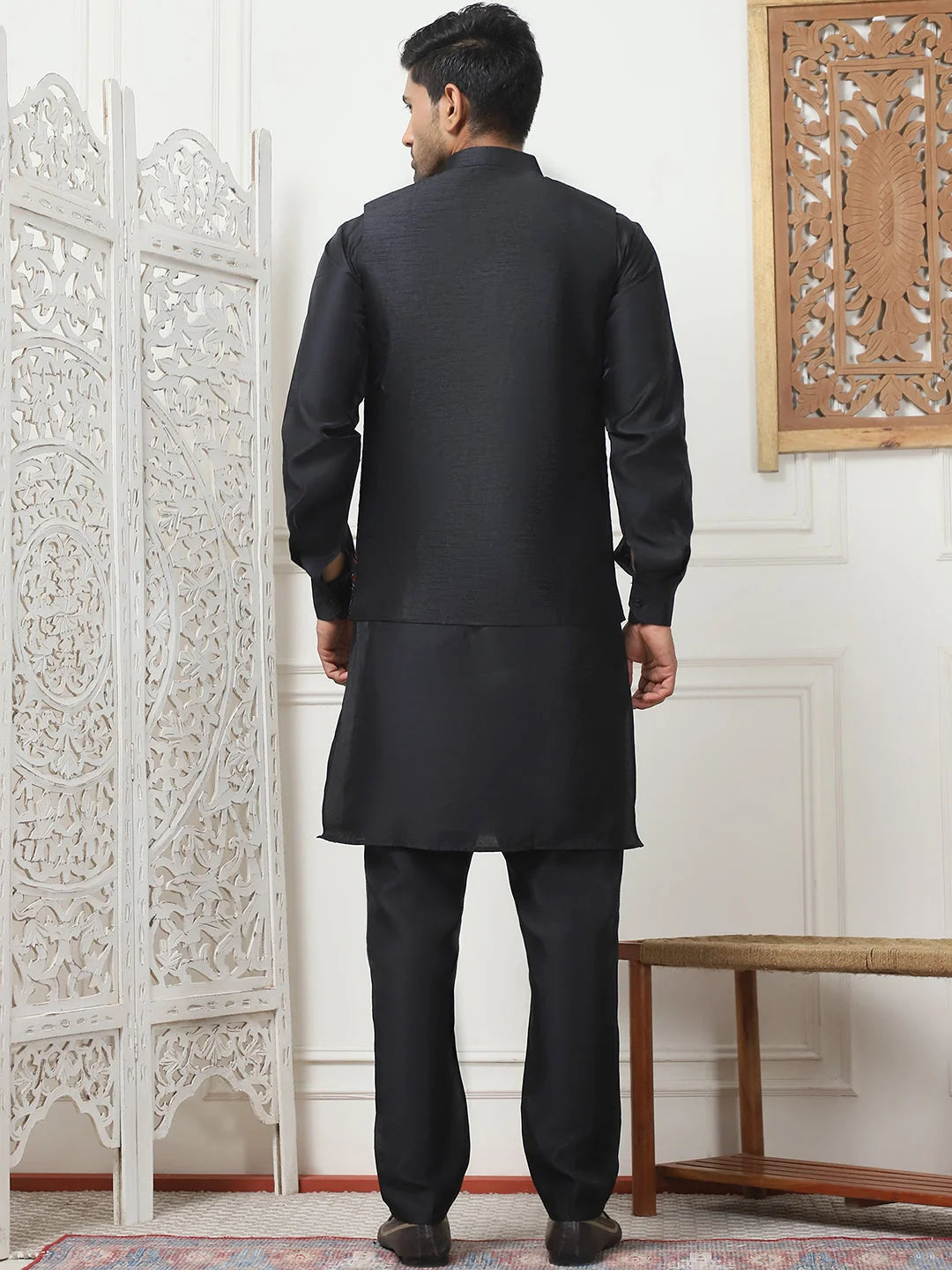 Navy Embroidered Nehru Jacket Kurta Pajama Set | Pathani Suit
