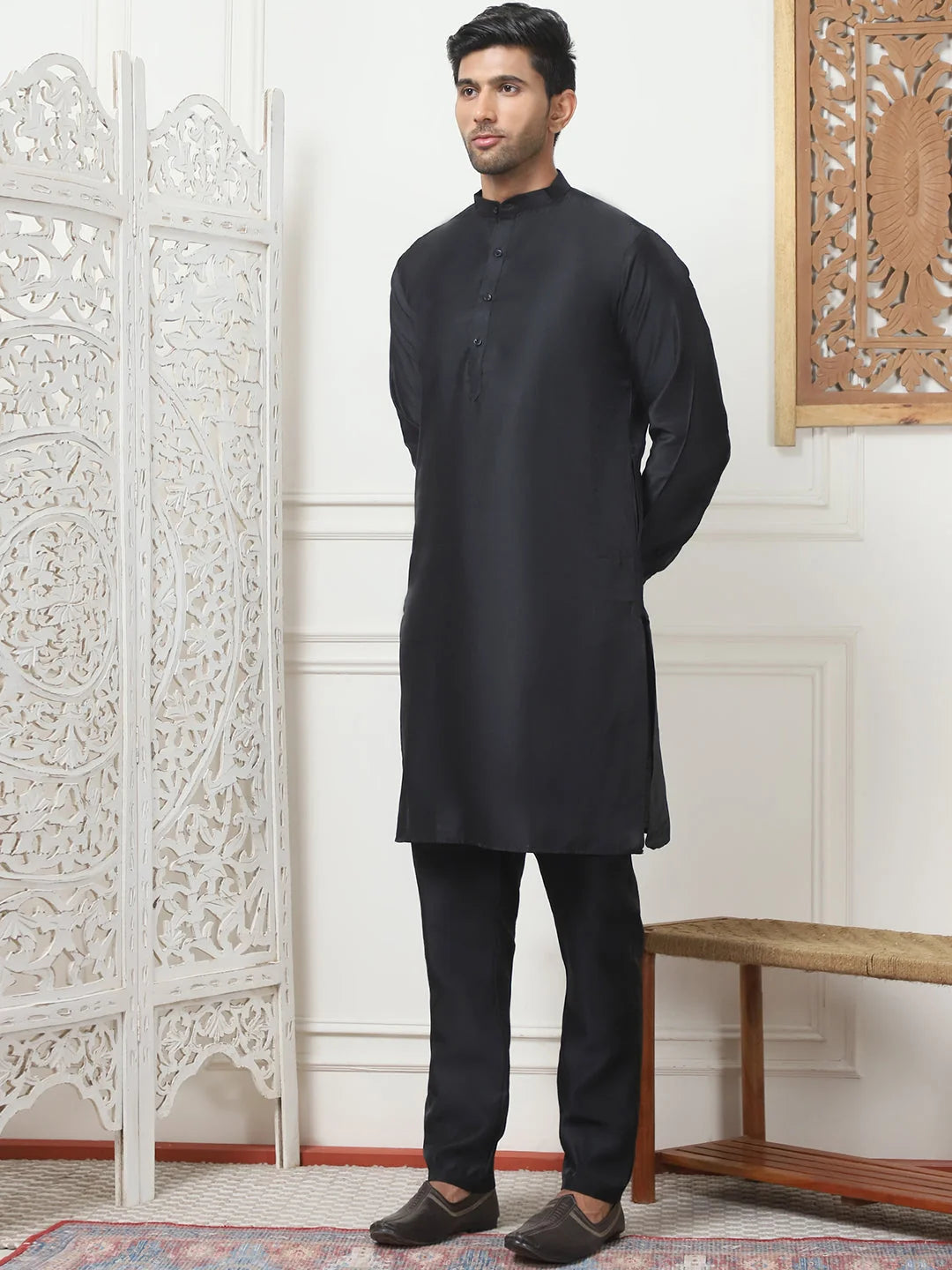 Navy Embroidered Nehru Jacket Kurta Pajama Set | Pathani Suit