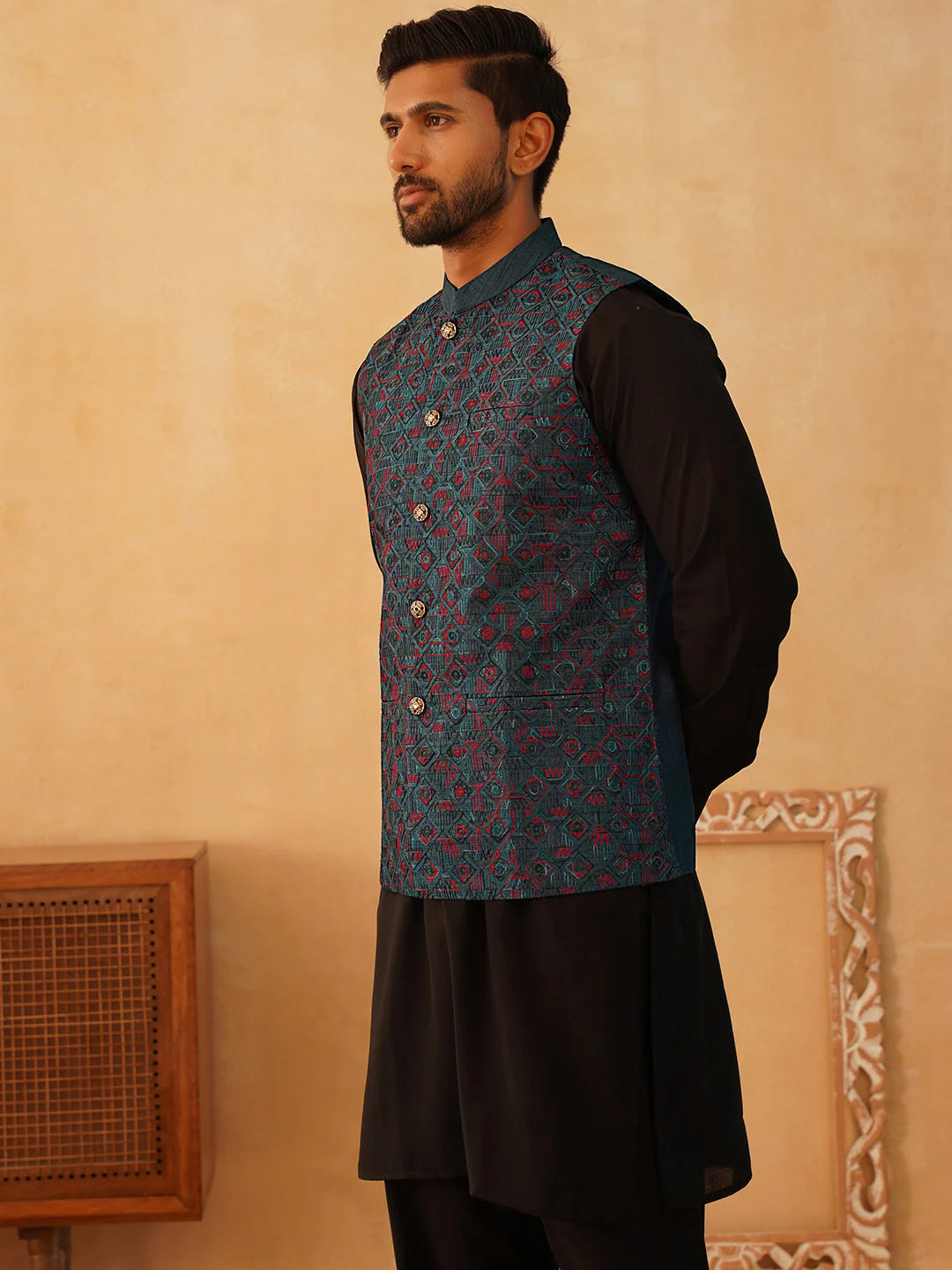 Teal Embroidered Nehru Jacket Kurta Pajama | Mens Pathani Set